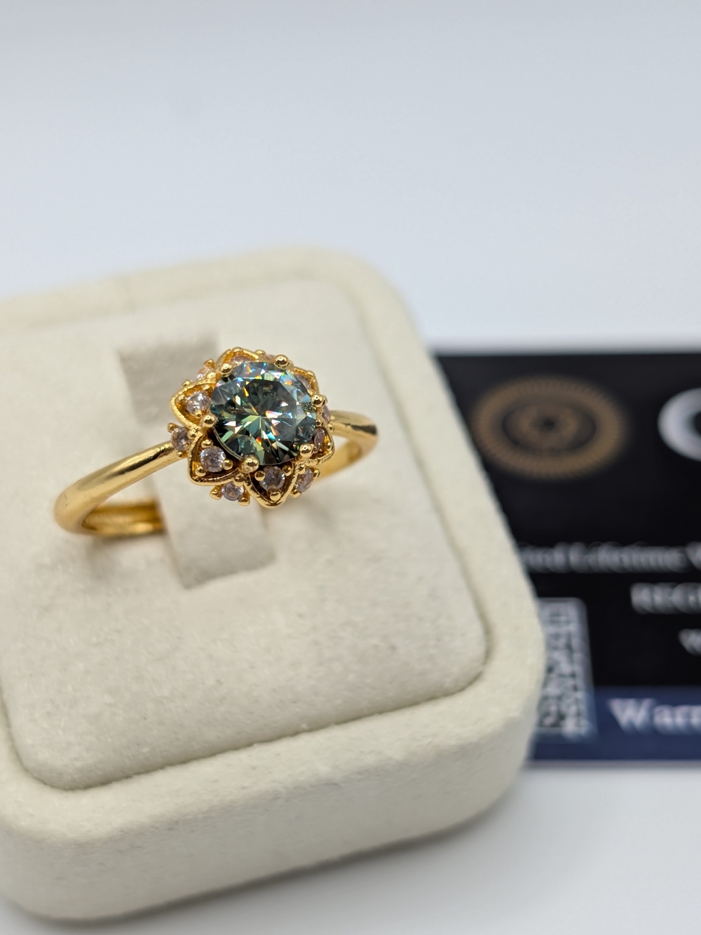 NWT GRA Certified Green Moissanite Halo Ring Gold Size 8.5 Adjustable